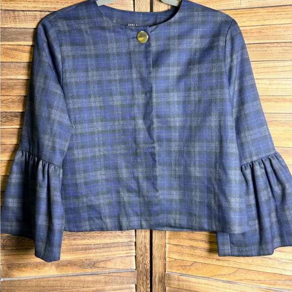 ZARA Basic Plaid Jacket SZ S Modern Crop Ruffle Bell Sleeve Blazer Navy - Picture 3 of 4